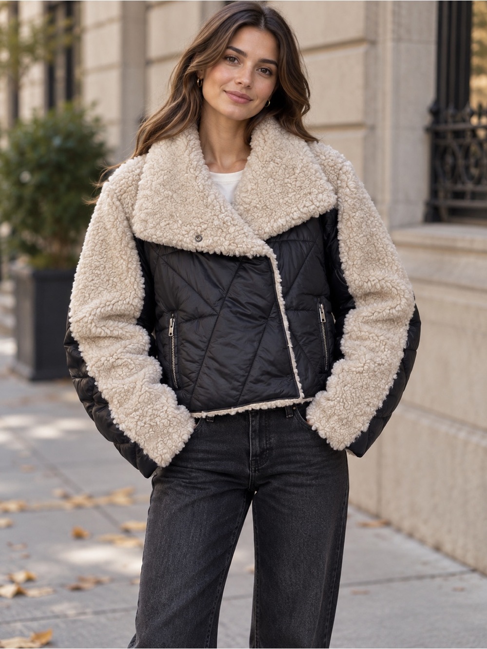 Vintage Havana Black Quilted Teddy Jacket with Cream Sherpa